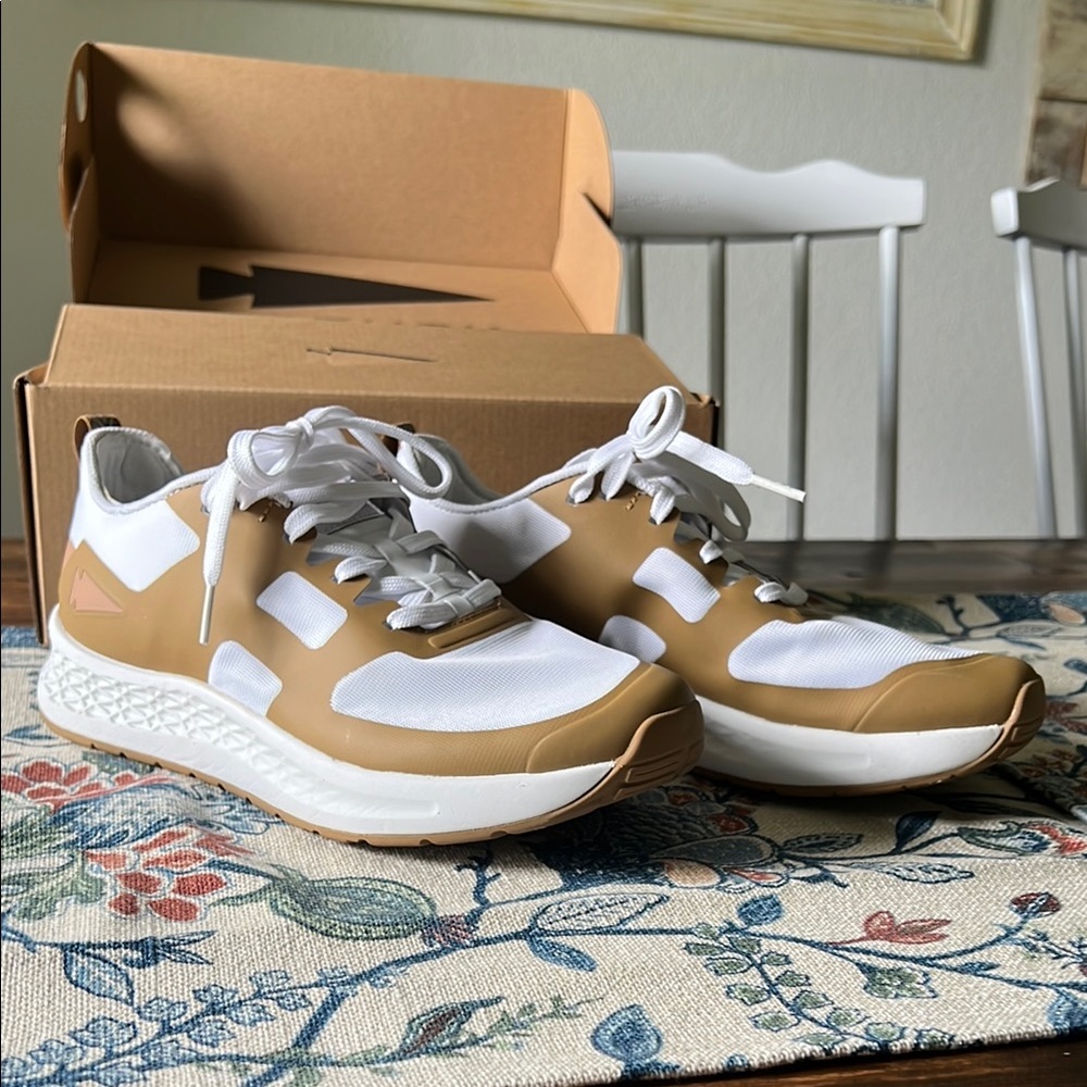 White and Tan Athletic Sneakers